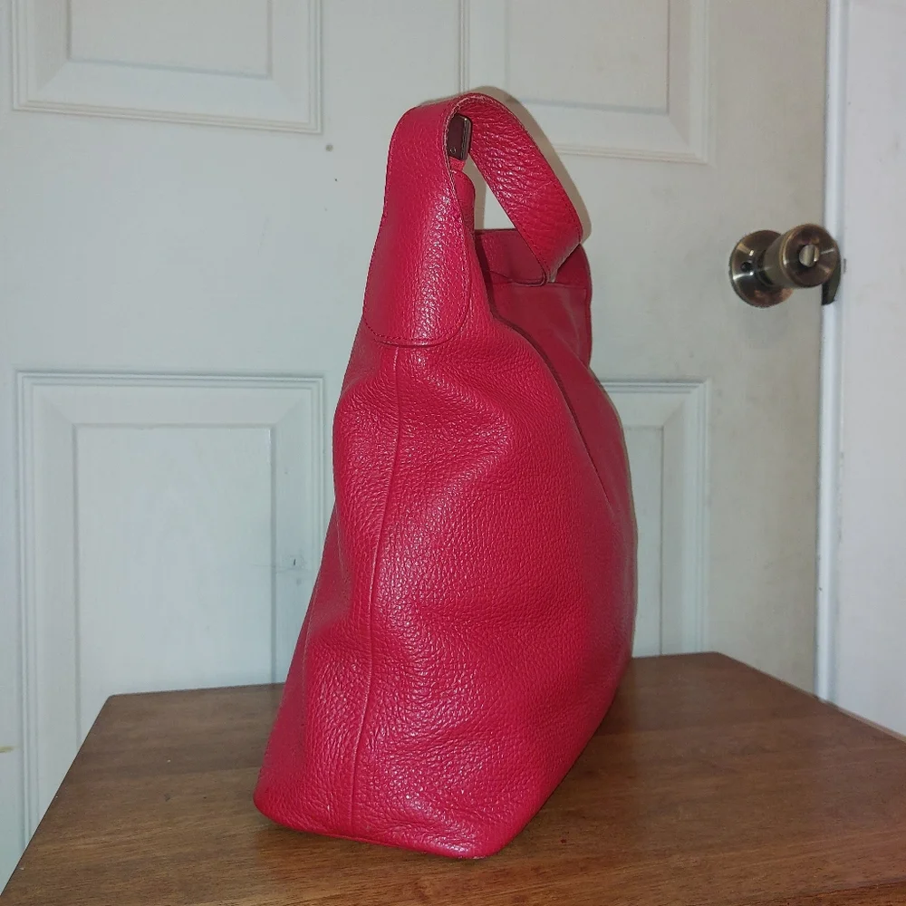 M&R Moda In Pelle Firenze Italy Red Peebled Genuine Leather Hobo Tote Bag - Picture 4 of 14